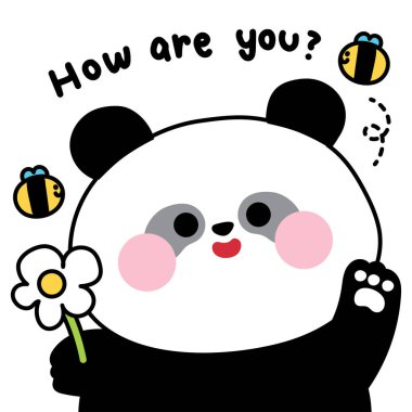 Çiçekli ve arılı şirin panda seti. Teddy.Nasılsın? Çin vahşi hayvan karakteri karikatürü. Kart, çıkartma, bebek kıyafetleri, baskı ekranı..