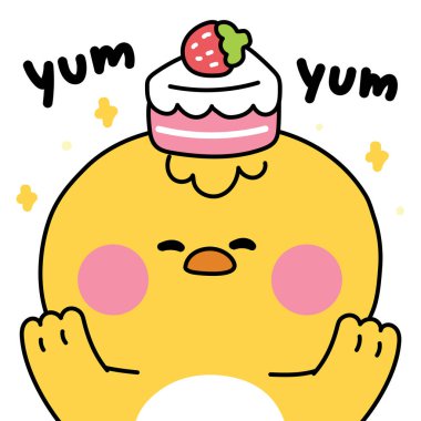 Çilekli tatlı tavuk. Tatlı ve tatlı. Lezzetli. Çiftlik kuşu hayvan karakteri karikatürü. Kart, çıkartma, bebek kıyafetleri, baskı ekranı..