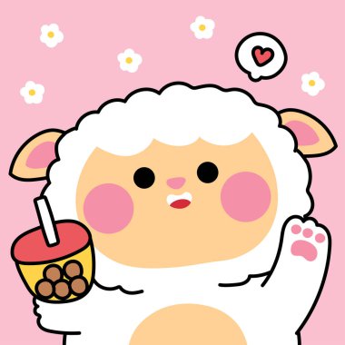 Şirin koyun, köpüklü süt çayıyla selamlıyor. Çiçek. Çiftlik hayvanı karakteri karikatürü. Kart, çıkartma, bebek kıyafeti, baskı ekranı.