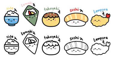 Boyama kitabı. Sevimli yüzlü çeşitli Japon yemekleri. Pirinç, suşi, somon, tempura el çizimi. Karakter çizimi. Çocuk için resim kitabı.