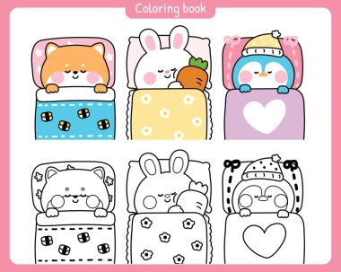 Bir numaralı boyama kitabı. Yastığın üzerinde uyuyan sevimli hayvanların olduğu ve battaniyenin altında uyuduğu bir kitap. Gece. Rüya, Shiba Inu köpeği, tavşan, penguen eli çizilmiş..