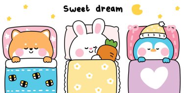 Yastıkta uyuyan ve battaniyenin altında uyuyan sevimli hayvanlar. Gece rüya. Shiba inu dog, tavşan, penguen el çizimi..