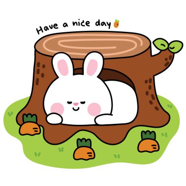 Sevimli tavşan uyuyor ve ağaç bahçesinde kalıyor. Havuç bahçesi, doğranmış ağaç. Jungle.Wild. Kemirgen hayvan karakteri çizimi..