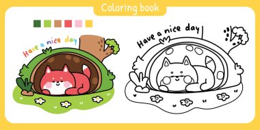 Boyama kitabı. Şirin tilki çiçek bahçesinde uyur. İyi dersler. Ağaç, orman. Vahşi hayvan karakteri çizimi..