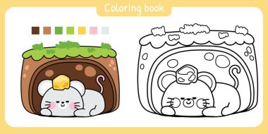 Boyama kitabı. Sevimli farenin kafasında peynir var. Yer altı çukuru. Fare. Jungle. Vahşi. Kemirgen hayvan karakteri çizimi..