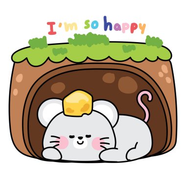 Cute rat have cheese on head sleep underground burrow.Mouse.Jungle.Wild.Rodent animal character cartoon design.Kawaii.Vector.Illustration. clipart