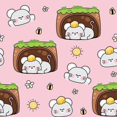 Şirin farenin kusursuz desenli kafasının arkasında peynir var. Arı, çiçek, fare. Kemirgen hayvan karakteri çizimi. Kawai Vector..