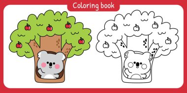 Boyama kitabı. Elma ağacında şirin koala selamlaması. Vahşi memeli hayvan karakteri çizgi film tasarımı. Jungle.Boya kitabı.