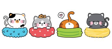 Çeşitli pozlarda sevimli kedi setleri evcil hayvan yuvasında kalır. Miyav.Hayvan karakteri çizgi film tasarımları. Kawaii.Vector. İllüstrasyon.