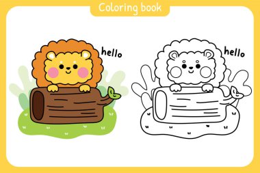 Boyama kitabı. Merhaba yazılı şirin aslan. Çim arka planda odunların arkasında kal. Jung. Vahşi hayvan karakteri çizgi film tasarımı..