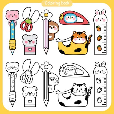 1.Renklendirme Kitabı. Kırtasiyede şirin hayvan karikatürleri. Okul ve ofis ürünleri. Domuz, kurbağa, koala, kaplan, miskin, penguen, tavşan el çizimi..