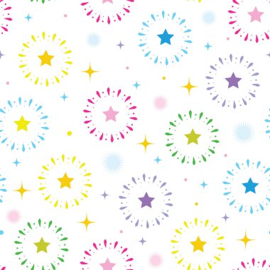 4.No.Kusursuz şirin göz kırpan yıldız havai fişek deseni gökyüzü beyaz arka planda. Festival, kutlamalar, yeni yıl, tatil. Çizgi film çizimi. Kawaii.Vector. Görüntü.