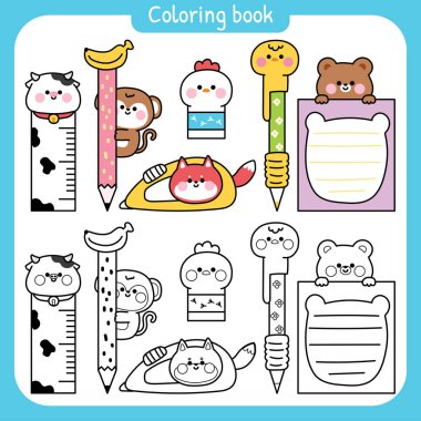 No3.Renklendirme Kitabı. Kırtasiyede şirin hayvan karikatürleri. Okul ve ofis ürünleri. İnek, maymun, tilki, tavuk, oyuncak ayı el çizimi..