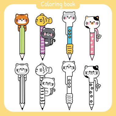 4. boyama kitabı. Kalem ve kalemle çizilmiş şirin kedi karikatürleri. Miyav.Hayvancı. Okul ve ofis üretimi. Resim kitabı. Kawaii.Vektör..