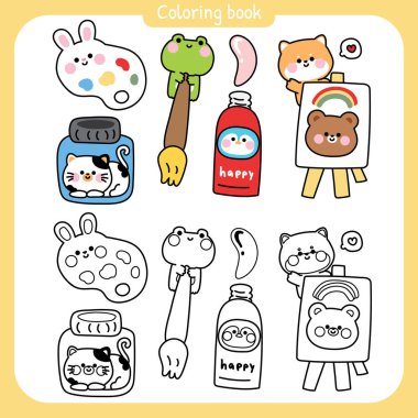 Boyama kitabı. Kırtasiyede şirin hayvan karikatürleri. Çizim. Resim. Renk. Tavşan, kurbağa, penguen, ayı, kedi, shiba inu köpek eli çizimi..