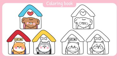 Boyama kitabı. Sevimli köpekler evcil hayvan evinde kalsın. Japon metninde Shiba inu köpek yazsın. Hayvan evcil hayvan karikatürü. Sibirya kurdu, kaniş el çizimi..