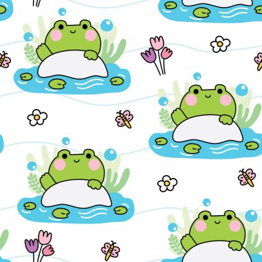 Tatlı kurbağa gülümsemesinin kusursuz deseni, taştan nehir tabanında kalır. Yaprak ve çiçek. Sürüngen hayvan karakteri çizimi. Kawai..