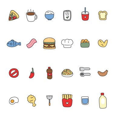 Tatlı ikon yemek ve içecek karikatürü. Fast food. Suşi Japon yemeği. Kawai Vector. İllüstrasyon..