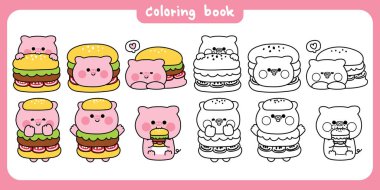 Boyama kitabı. Hamburger kostümlü şirin domuz pozu ve hissi. Fast food. Çiftlik hayvanı karakteri karikatürü..