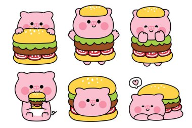 Hamburger kostümlü şirin domuzlar. Poz ve his. Fast food. Çiftlik hayvanı karakteri karikatürü. Kart, etiket, bebek üretimi..