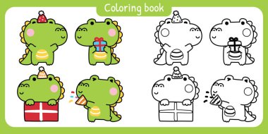 Boyama kitabı. Çeşitli pozlarda sevimli timsahlar ve kutlama partileri. Doğum günü hediyesi. Sürüngen hayvan karakteri çizimi..