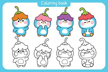 Boyama kitabı. Sevimli penguenlerin başlıkları değişik pozlar ve duygularla takılır. Çiçek. Çiçek. Çiçek. Kutup kuşu hayvan karakteri çizimi..