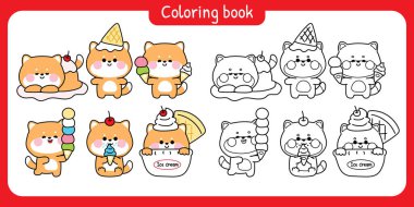 Boyama kitabı. Kirazlı dondurma külahlı şirin shiba inu köpeği. Çeşitli pozlar ve duygular. Japon hayvan karakteri çizgi filmi..