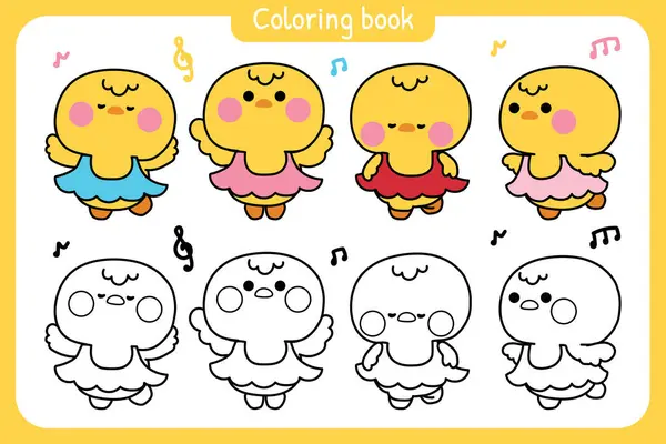 Boyama kitabı. Sevimli tavuklar çeşitli pozlarda bale kıyafeti giyer. Dans ederler.Hen.Duck. Çiftlik kuşu hayvan karakteri çizimi. Pating kitabı..