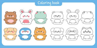 Boyama putları. Sevimli şişman hayvanlar, beyaz arka planda gülümseyerek otururlar. Çizgi film karakterleri. Oyuncak ayı, tavşan, kurbağa, köpek, penguen, kedi eli çizimi..