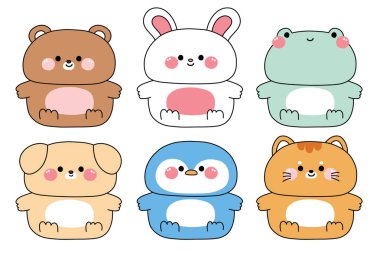 Bir grup sevimli şişman hayvan beyaz arka planda gülümseyerek otururlar. Çizgi film karakteri. Oyuncak ayı, tavşan, kurbağa, köpek, penguen, kedi eli çizimi..