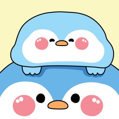 Sevimli penguenler kafalarında kalsın. Gülümseyin. Kutup kuşu karakteri çizgi film tasarımı. Kart, bebek giysisi, çıkartma, baskı ekranı..