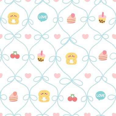 Sevimli tavuğun kusursuz deseni kurdele çerçevesinde beyaz arka planda kalple oturur. Sevgililer Günü. Çiftlik kuşu hayvan karakteri çizimi. Kiraz, sütlü çay, pasta..