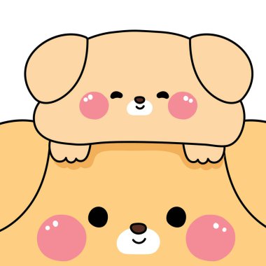 Şirin yavru, gülümse köpek suratlı. Ev hayvanı karakteri çizgi film tasarımı. Kart, bebek giysisi, çıkartma, kırtasiye, baskı ekranı..