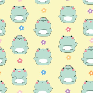 Güzel bebek kurbağanın kusursuz deseni başınızın üstünde kalır. Gülümseyin. Çiçek pastel arka planlı kurbağa yüzlü. Sürüngen hayvan karakteri çizgi film tasarımı..