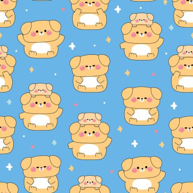 Güzel yavru köpeğin kusursuz deseni başınızın üstünde kalır gülümseme yüz köpek arkaplanı. Ev hayvanı karakteri çizgi film tasarımı. Kart, bebek kıyafetleri, çıkartma, durağan, parmak izi ekranı. Kawaii.