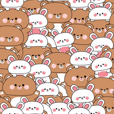 Sevimli büyük ayıcık ve küçük tavşanın kusursuz desenleri farklı pozlarda arka planda kalır. Dostluk. Aşk. Vahşi ve kemirgen hayvan karakteri çizgi film.