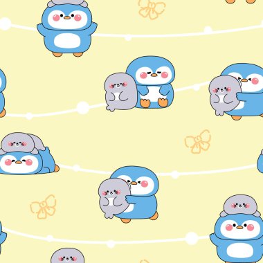 Sevimli büyük penguen ve küçük fokun kusursuz desenleri arka planda farklı pozlarda dururlar. Dostluk. Kutup kuşu ve memeli hayvan karakteri karikatürü..