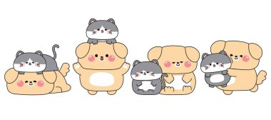 Bir sürü sevimli büyük köpek ve minik kedi çeşitli pozlarda bir arada dururlar. Miyav, kedi ve köpek yavrusu. Dostluk. Sevgi. Hayvan karakteri karikatürü..