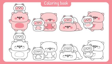 Boyama putları. Şirin büyük domuz ve küçük koyun sürüleri çeşitli pozlarda bir arada dururlar. Dostluk. Çiftlik hayvanı karakteri karikatürü..