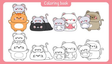 Boyama putları. Sevimli büyük kediler ve küçük fareler çeşitli şekillerde bir arada dururlar. Dostluk. Miyav. Pet ve kemirgen hayvan karakteri çizgi filmi..