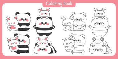 Boyama putları. Sevimli büyük panda ayıcıkları ve minik tavşanlar çeşitli gruplarda bir arada dururlar. Dostluk. Vahşi ve kemirgen hayvan karakteri karikatürü..