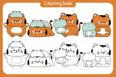 Boyama putları. Sevimli büyük kaplan ve küçük kurbağa sürüleri çeşitli gruplarda bir arada kalırlar. Sevgi. Vahşi ve sürüngen hayvan karakteri. 