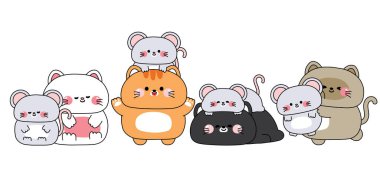 Şirin kedilerle minik fareler çeşitli pozlarda bir arada dururlar. Dostluk. Aşk. Miyav. Hayvan ve kemirgen hayvan karakteri..