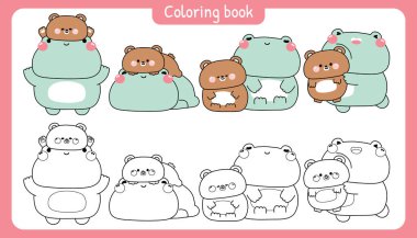 Boyama putları. Şirin büyük kurbağa ve küçük ayıcıklar çeşitli gruplarda bir arada kalırlar. Dostluk. Vahşi ve sürüngen hayvan karakteri karikatürü..