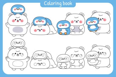 Boyama putları. Sevimli büyük kutup ayısı ve minik penguenler çeşitli gruplarda bir arada kalırlar. Dostluk. Kuzey kutbu buz karakteri karikatürü..