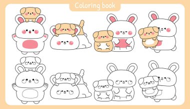 Boyama putları. Sevimli büyük tavşan ve küçük köpek sürüleri çeşitli gruplarda bir arada kalırlar. Aşk. Evcil hayvan ve kemirgen hayvan karakteri karikatürü..