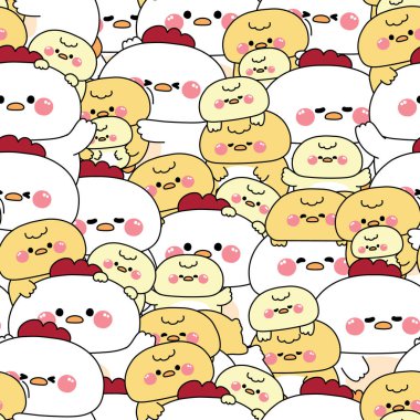 Tekrarlıyorum. Sevimli büyük tavuk ve minik tavuğun kusursuz deseni arka planda kalır. Dostluk. Çiftlik kuşu hayvan karakteri..