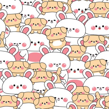 Tekrarlıyorum. Sevimli büyük tavşan ve küçük köpek yavrusunun kusursuz deseni arka planda kalır. Dostluk. Aşk. Hayvan ve kemirgen hayvan karakteri çizgi film..