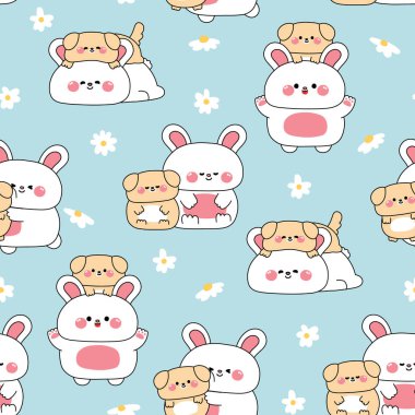 Sevimli büyük tavşan ve minik köpek yavrusunun kusursuz desenleri çiçek arkaplanlarıyla birlikte dururlar. Dostluk. Sevgi. Hayvan ve kemirgen karakter karikatürü..