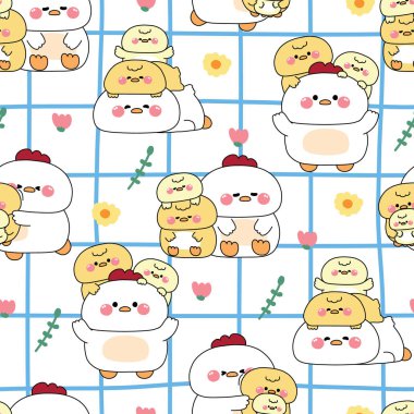 Sevimli büyük tavuk ve minik tavuğun kusursuz deseni çiçek ve yaprak arkaplanıyla birlikte kalır. Aşk. Çiftlik kuşu hayvan karakteri karikatürü..